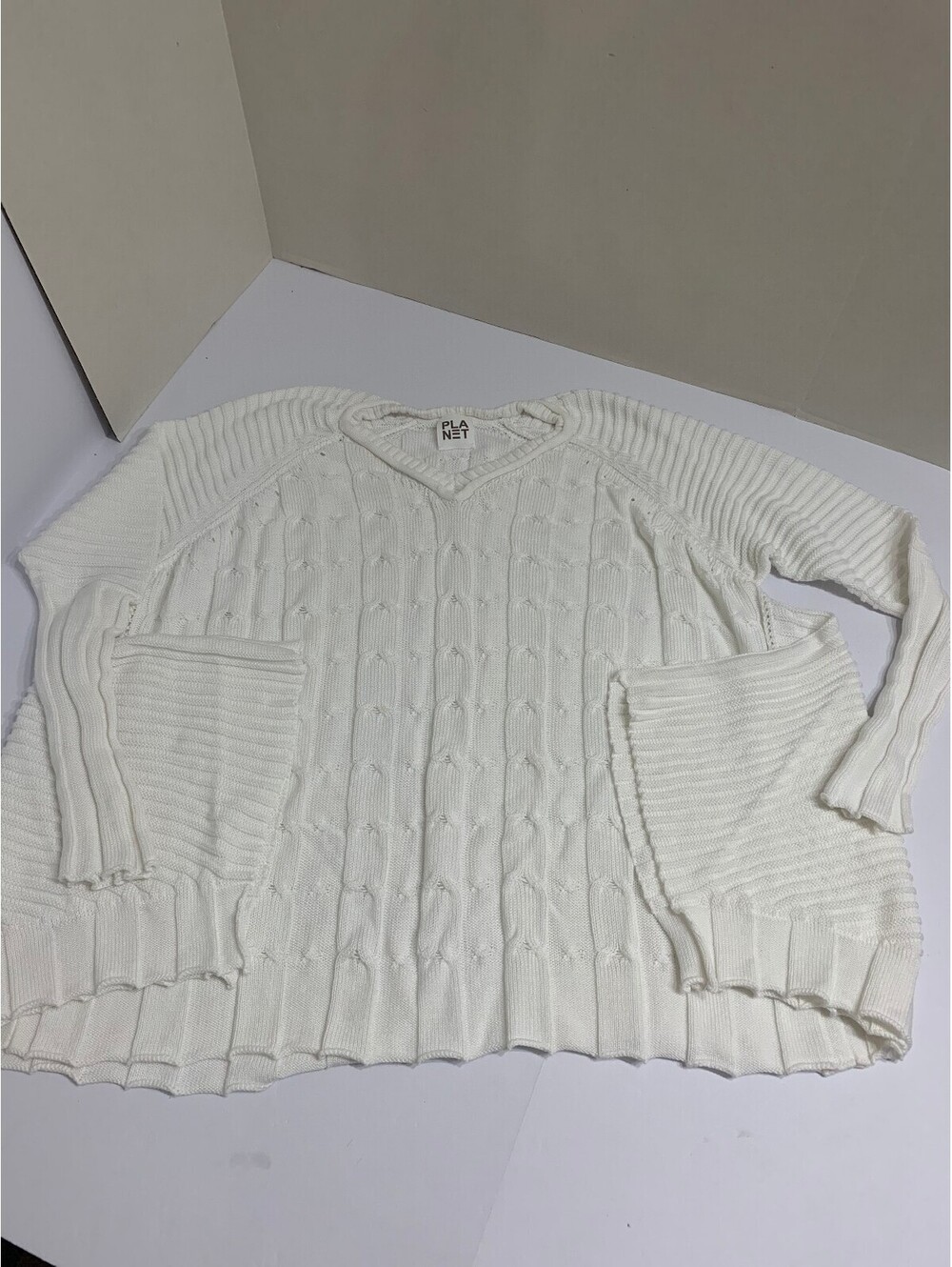 PLANET White Cable Knit Oversized Batwing Dolman V Neck Sweater